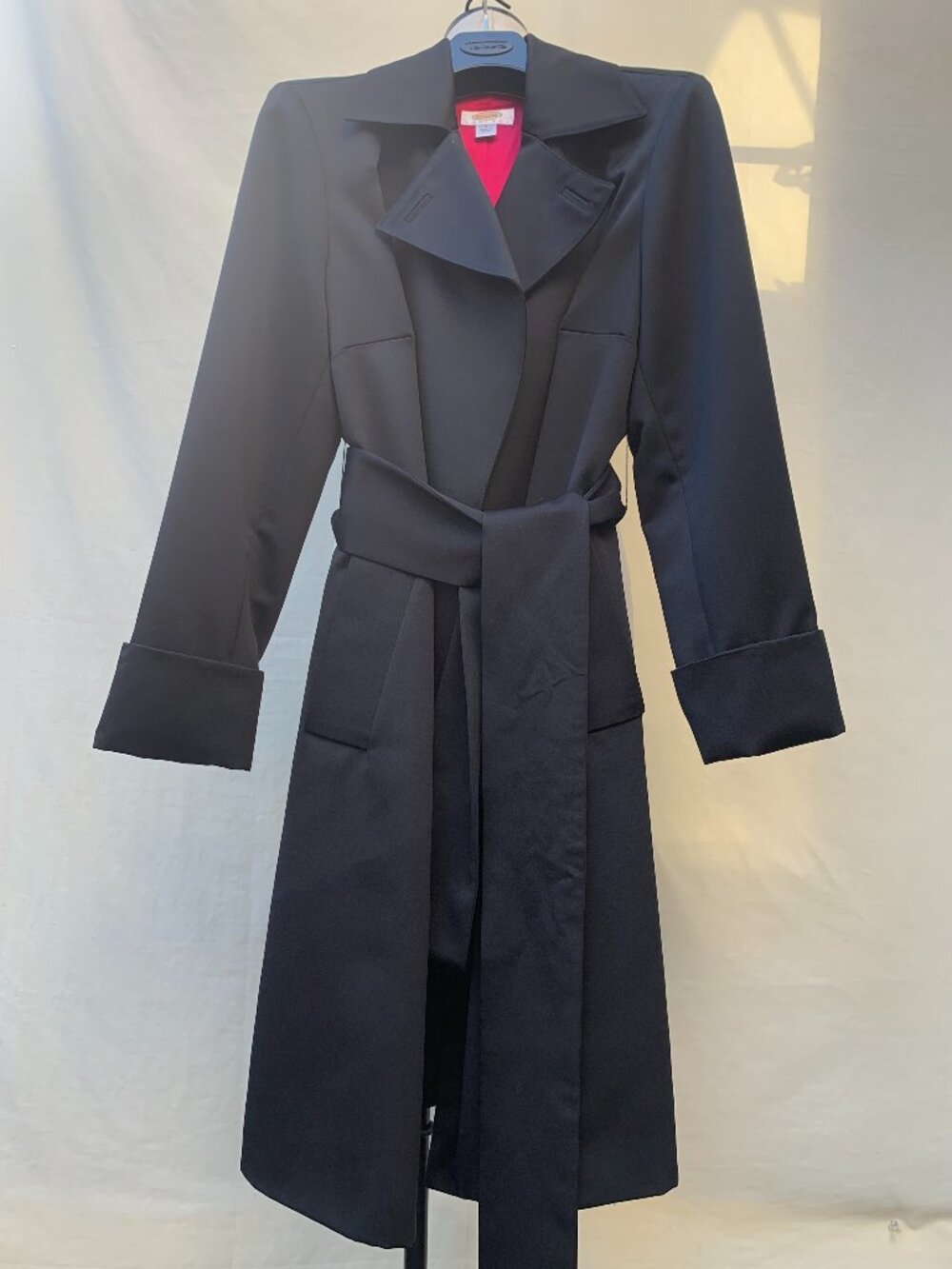 Talbots Petites MP Black Satin Belted Trench Dress Coat Pink Lining
